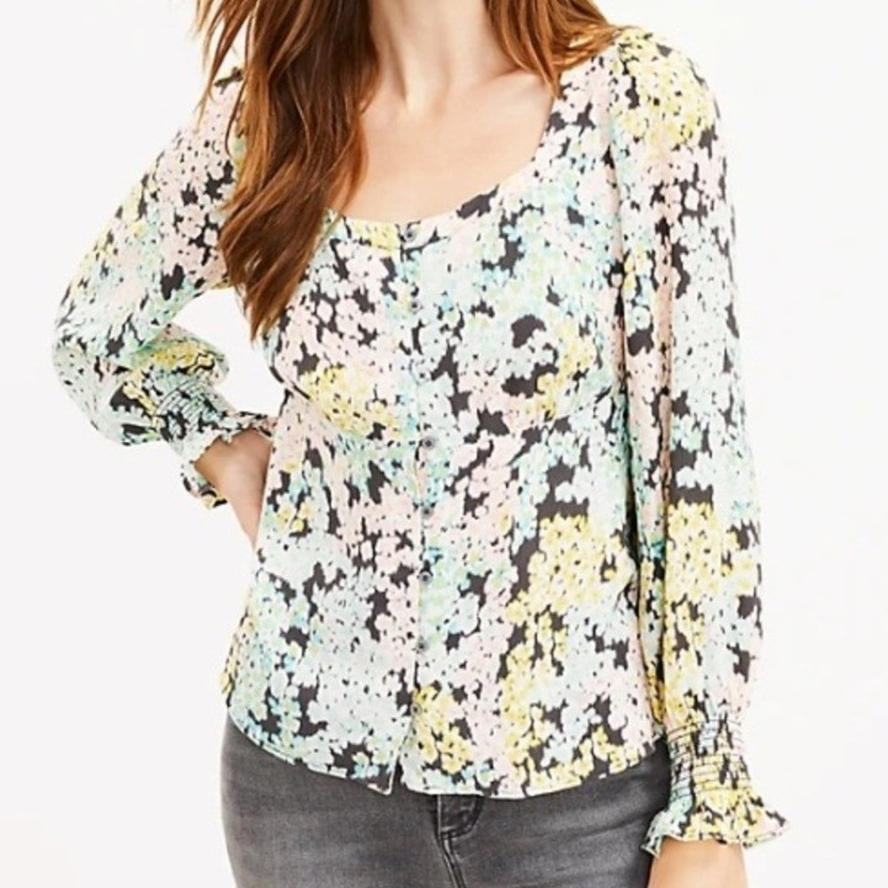 Loft Blouse Womens Medium Black Floral Empire Waist Smocked Boho Cottagecore